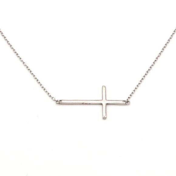 Sterling Silver Horizontal Simple Cross Necklace, 16" Adjustable, 1.53g, 925 - Picture 1 of 5